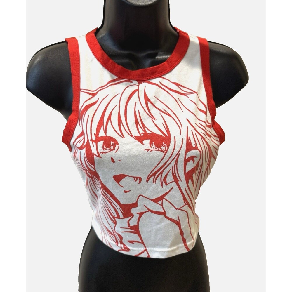 Shein Women’s Anime Style Girly Tank Top Crop Shirt Tee Size Small S Red & White